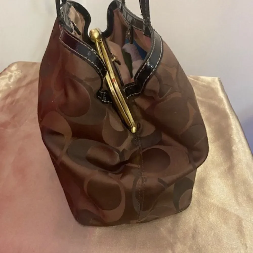 Coach Signature Stripe framed Satchel Patent leather trim